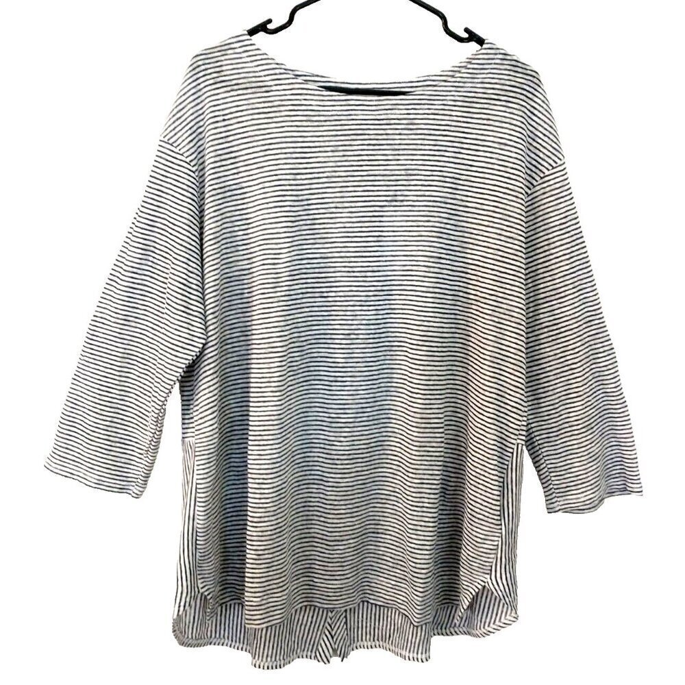 Adrienne Vittadini 100% Linen Navy White Stripes 3/4 Roll Sleeve Tunic - 1X NWT